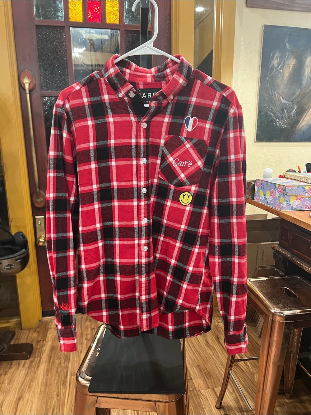 CARRE’ Paris France ™ Red and Black Plaid Casual Button-Down Shirt